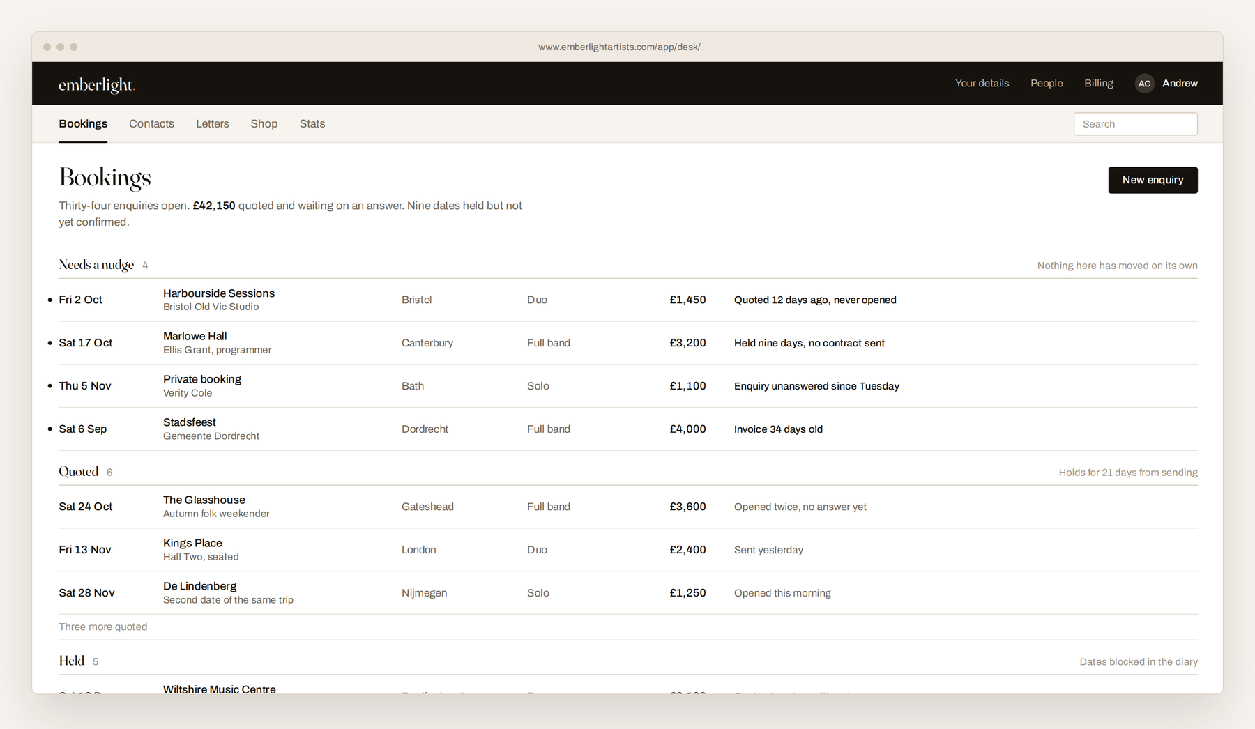 The Bookings screen in The Desk, with the enquiries that need a decision at the top