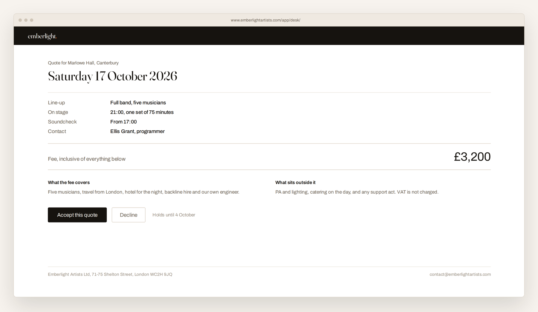 A quote from The Desk as the client sees it, with the fee, what it covers and accept or decline buttons